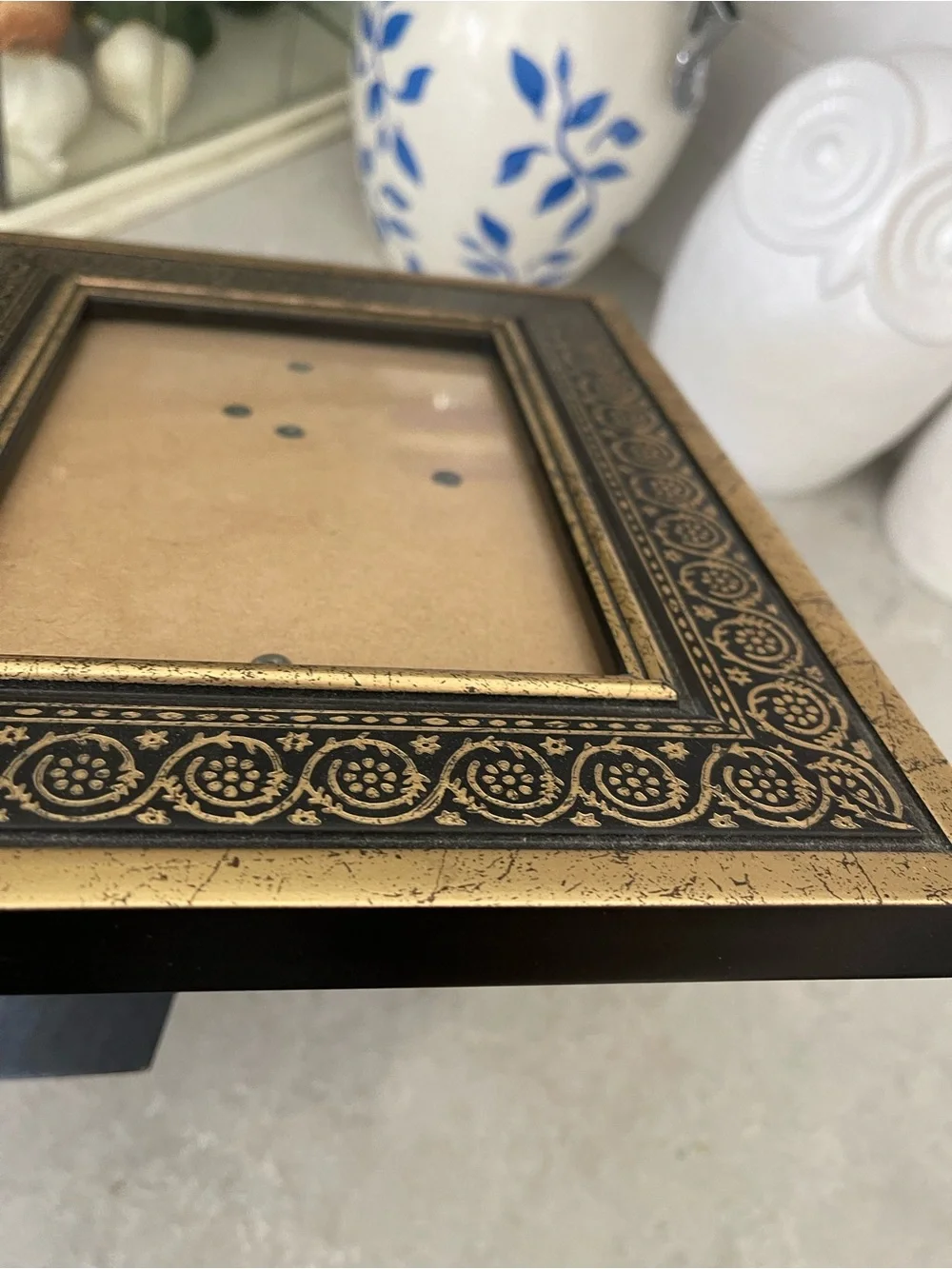 Vintage Gold and Black Picture Frame with original watercolor Floral Art 5x7”